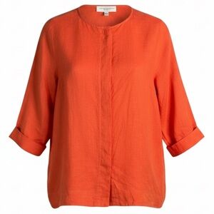 CAROLYN DONNELLY Edit Orange Linen Shirt Hidden Buttons Collarless Coastal 4-6